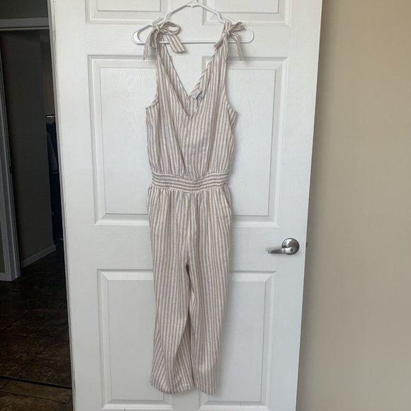 a new day Pants - New A New Day Jumper Linen Beige Tan Sleeveless Striped Jumpsuit Women’s XS